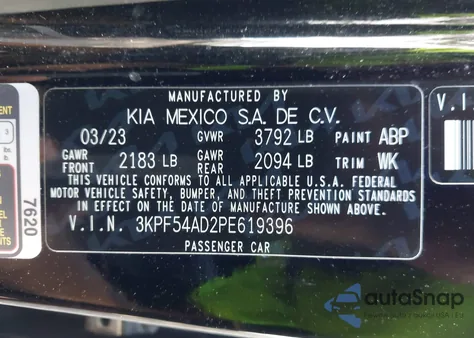 2023 Kia Forte Gt-Line z USA, uszkodzony, nr VIN 3KPF54AD2PE619396